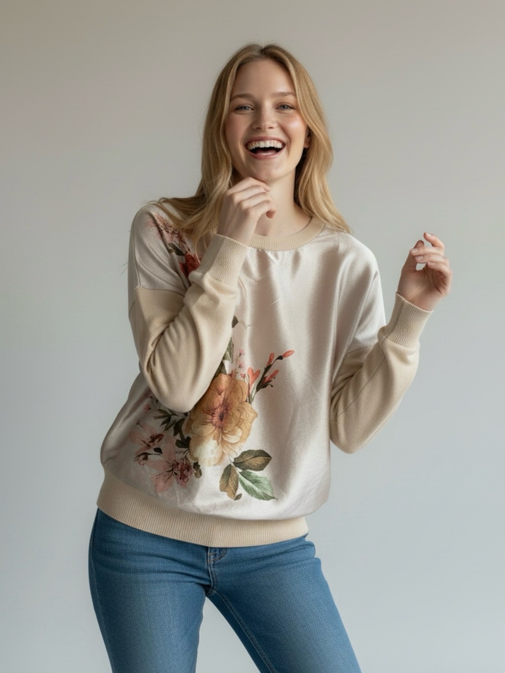 Sioni Mixed-Media Floral Satin/Knit Dolman Sleeve Pullover Top Cream/Beige SZ. L